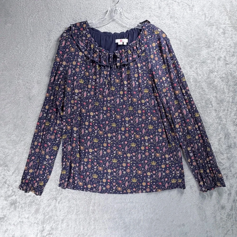 Boden Catriona Ruffle Keyhole Top French Navy Ditsy Floral Long Sleeve Crown